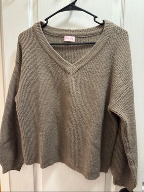 Pink Lily Brown V-Neck Ribbed Pullover Sweater